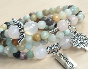 Namaste Necklace 108,Tibetan Amazonite 108,Mala Beads Japa Mala,Namaste Silver Bar,Quartz Mini Angel,Mala 108 Jewelry Zen,Sanskrit Tibetan