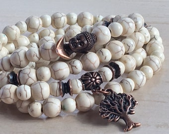 Mala Gemstone Yoga,Buddhist Howlite 108,Tree of Life Buddha,Mantra Jewelry 108,Zen Protection Beads,Mala Yoga Necklace,Meditation Japa Mala