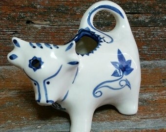 Vintage Ceramic Cow Creamer, Blue and White Hand Painted Pottery Cow Creamer, Beddgelert Wales Pottery