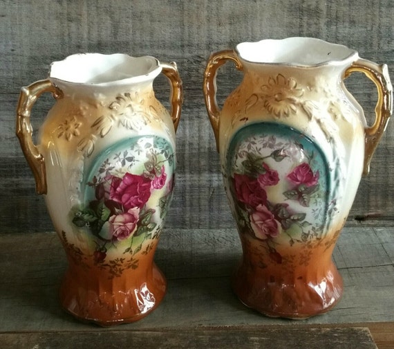 Antique Twin Handle Mantle Vase Pair of Victorian Vases