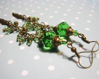 Long Earrings Green Earrings Crystal Earrings Dangle Earrings Boho Earrings Mom Gift for her Bohemian Jewelry Feather Earrings Gift Xmas