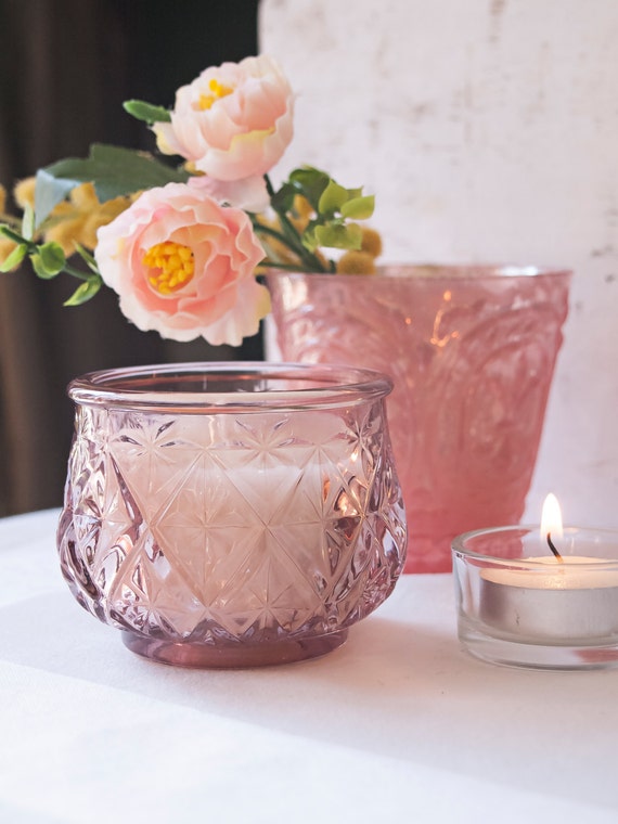 Pink Cut Glass Votive Candle Holder Wax by WeddingBoxWhatNots