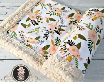 Minky baby blanket - Sprigs and Blooms - Designer Minky - Beige