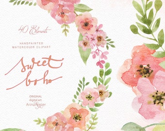 Sweet Boho Watercolor Clipart - Boho Flowers Clipart, Wedding Flowers, Wedding Invitation, DIY Invitations, Prints, Boho Cliparts, Clipart