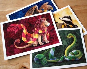 Hogwarts House Postcards! Hufflepuff, Gryffindor, Slytherin, Ravenclaw