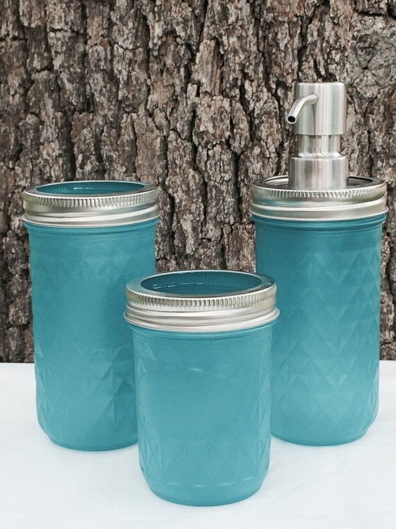 3Piece Turquoise Sea Glass Mason Jar Bathroom Set