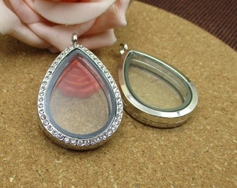 Large Teardrop Floating Glass Locket With Diamond(Can Open)-p1486