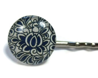 Blue and White Floral Bobby Pin Set of 2