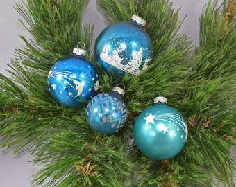 Vintage Blue Stenciled Glass Ball Christmas Ornaments Shiny Brite And Made In The USA
