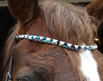 beaded browband; horse bridle; horse tack; beads; silver; blue