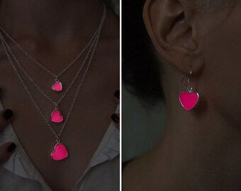 SET Three Pink Hearts Jewelry - Wife gift - Glowing Jewelry - Modern Style - Women gift - Glow in the Dark - Gift - Bohemian Chic - Love Set