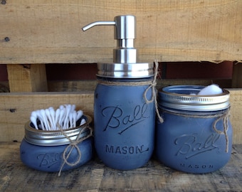 Painted Mason Jars. Mason Jar Bathroom Set. Bathroom Decor. Home Decor. Soap Dispenser. Rustic, Vintage Looking. Shabby Chic. Gift.