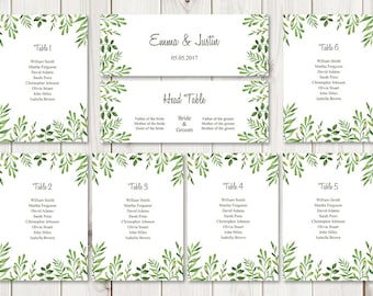 Watercolor Wedding Seating Chart Template "Lovely Leaves", Green. DIY Printable Seating List & Header Sign. MS Word Files, Instant Download.
