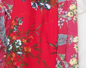 Bundle Vintage French Fabric Pieces a riot of red roses 1940s material Boussac Romanex