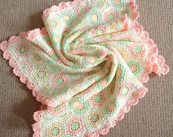 Crochet Hexagon Baby Blanket Cream White Pastels 32" x 34" babygift
