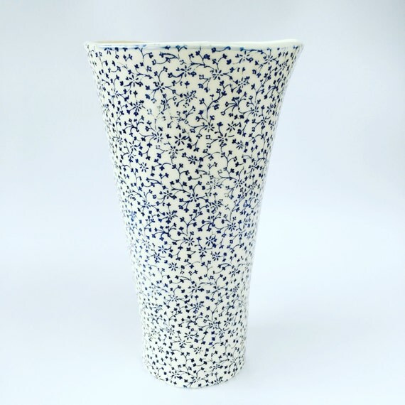 Blue floral ceramic vase floral pattern indigo blue and