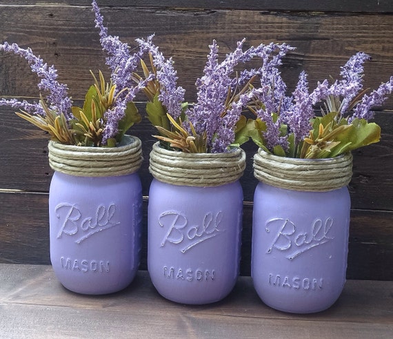 Lavender trio of mason jars with heather and twine