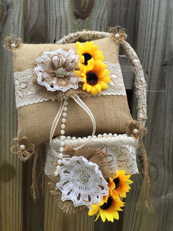 Burlap Sunflower Ring Bearer Pillow and flower girl basket The