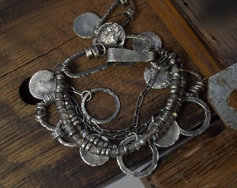 Raw sterling silver bracelets Labradorite bracelets - two bracelets set Oxidized Natural leather Rustic