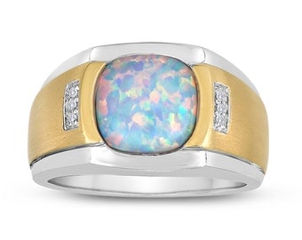 Opal Signet Ring. Fire Opal Ring. Silver Opal Signet Ring. Wide Opal Ring. Men's Two Tone 10x10 Antique Cut Opal Ring in Sterling Silver