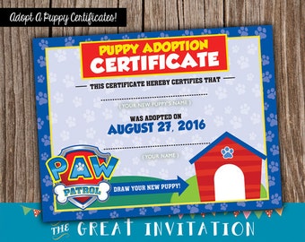 Paw Patrol Party / Paw Patrol Invite/ Puppy Adoption Certificates / Paw Patrol Certificate / Adopt A Puppy Printable Certificate/ Paw Patrol