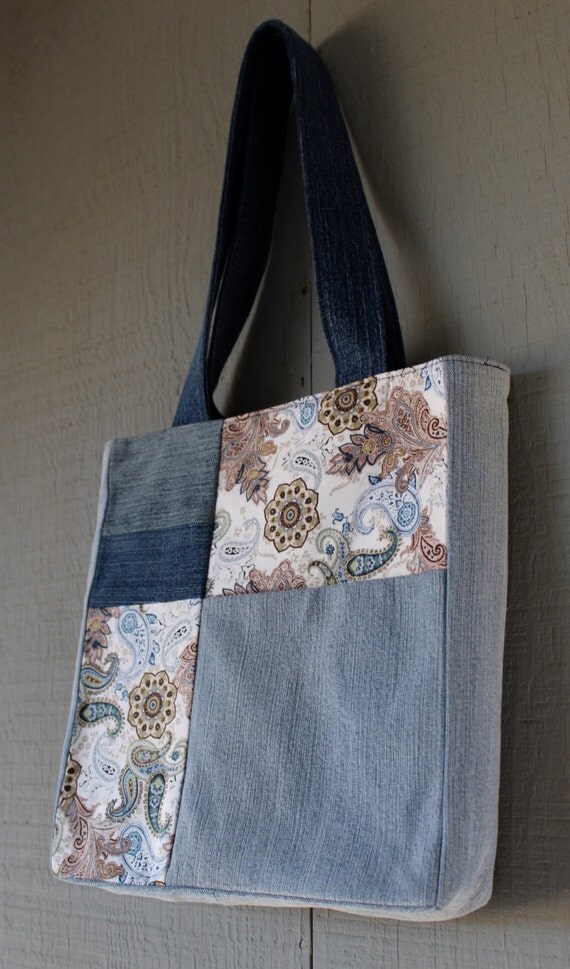 Denim and Fabric Patch Front Pocket Tote with Multi-Colored