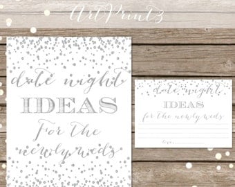 Date Night Ideas, Printable Bridal Shower Date Night Idea Cards Sign, Silver Confetti Bridal Shower Activity, Date Night Idea Printable