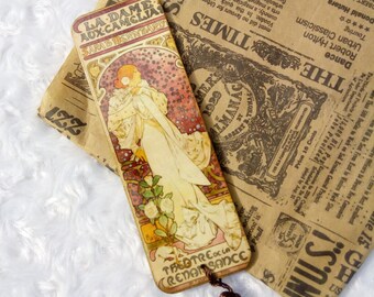Wooden bookmark Alfons Mucha Mothers day gift for mom Decoupage bookmark Great artist Art nouveau Wood planner clip Paperclip Teacher gift