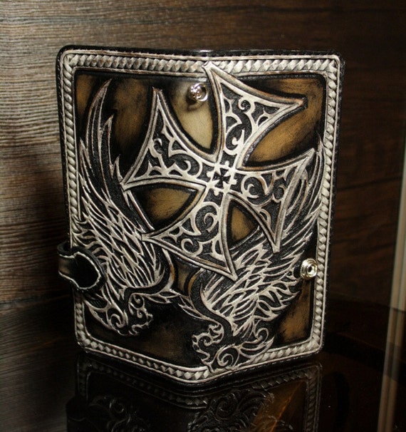Hand-tooled leather biker wallet hand-carved wallet mens
