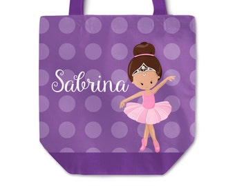 Ballerina Tote Bag - Ballet Bag, Dark Purple Polka Dot, Ballet Dancer Personalized Tote Bag Sack, You Pick Girl - Kids Personalized Gift Bag