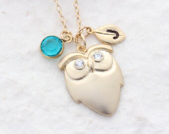 Gold owl necklace, custom initial and/or birthstone. choose Gold filled chains
