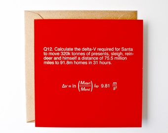 Funny christmas card, science xmas card, exam question, rocket brainteaser, spoof question, santa and reindeer