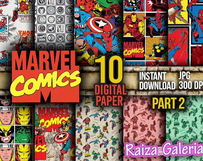 AWESOME Marvel Comic Digital Paper. PART 2 Instant Download - Scrapbooking - Iron-Man Siper-man Thor Hulk Captain America Printable Paper
