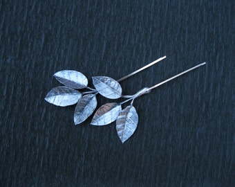 Silver hair accessory Silver bridal hair pin Silver leaf bobby pin Metallic hair accessory Silver hair piece Silver branch Hair vine wedding