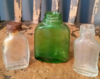Vintage Medicine Bottles/2 Bayer Aspirin/1 Green Glass Bottle/Bottles for Repurpose/Apothecary Jars/Collectible Bottles/Upcycle Project