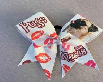 Pugs and Kisses Bow // Glitter Cheer Bow // Cheer Bow with Sayings // Bling Cheer Bows // Cheerleading Gifts // White Cheer Bow