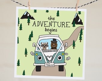 Just Married Card | Funny Wedding Card | Marriage Card | Wedding Card | Congratulations Card | Newlyweds | Woodland Animal | VW Bus