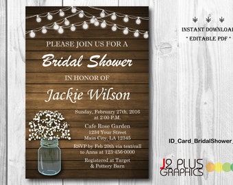 INSTANT DOWNLOAD Bridal Shower Invitation Printable, Rustic Floral Mason Jar Bridal Shower Invitation Instant Download, Invites Editable PDF