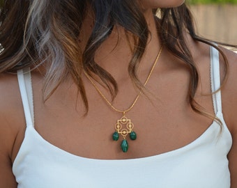 Dream catcher Necklace,Green Gemstones Pendant,Gold Pendant,Gold Necklace,Short Necklace,Green Necklace,Gemstone Necklace,Malachite Necklace