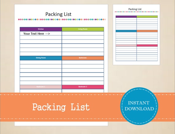 packing list moving planner printable and editable