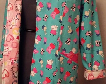 SALE! Peppa Pig n Friends (Blue) medical Lab Coat/scrub jacket, w/ pink Peppa pockets, Lined w/ rare Peppa Pig flannel, Size LG 46.5"