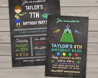 Mini golf laser tag birthday invitation boys, mini golf invitation, laser tag invitation, party invites digital
