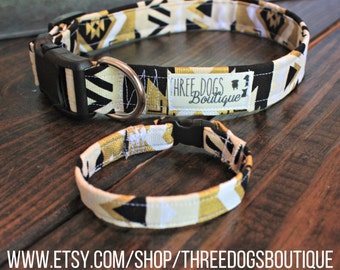 Canvas dog collar with optional bff bracelet"Black and Gold Native" FREE SHIPPING **Please leave EXACT tight wrist measurement**