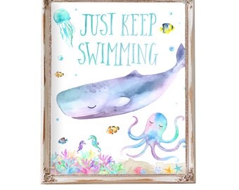 Just Keep Swimming Quote, Kids Bathroom Art, Under The Sea Party Decorations, Bathroom Decor, Ocean Party Decorations, Whale, Octopus, Sea