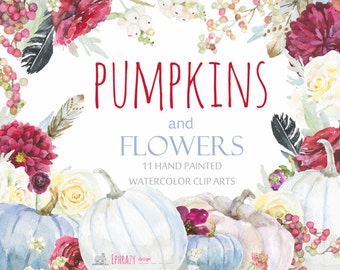 Pumpkins. Pumpkins clipart. Watercolor clipart. Watercolor wreath. Fall clipart.Watercolor floral clipart. Floral clipart