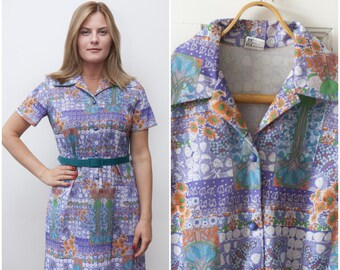 Vintage 70s Dress Colorful Dress Purple Dress Psychedelic Dress Floral Pattern Dress Collar Dress Knee Length Dress Belted Smart Dress M