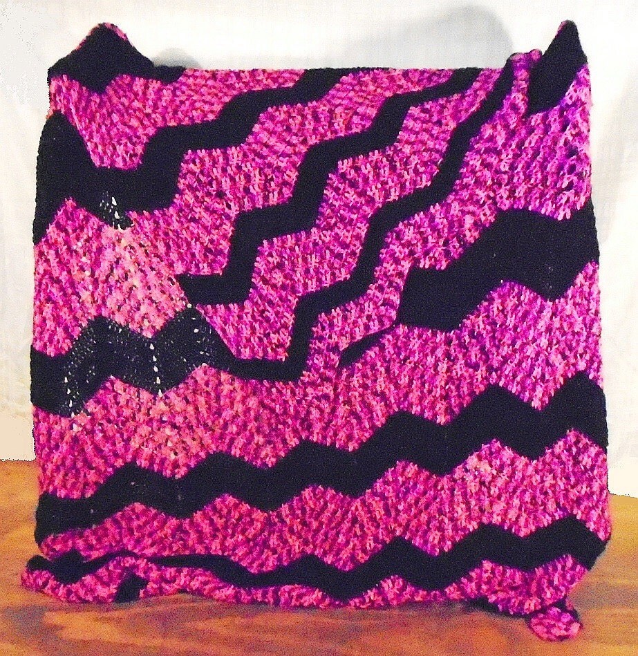 Pink and Black Crochet Afghan Handmade Crochet Neon Pink