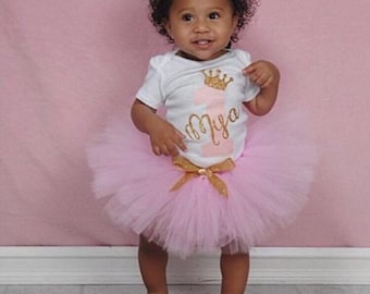 Pink and Gold Tutu, Tutu Set, Pink Tutu, Gold Glitter Crown, 1st Birthday Bodysuit, One with Crown ,Personalized Birthday Shirt