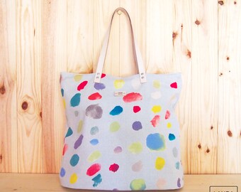 leather handle bag / print watercolor / nani Iro pattern / tote bag - leather handle /