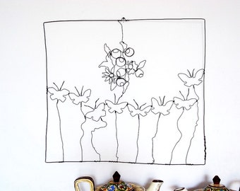 Wire Sculpture Bouquet Flowers And Butterflies Handmade in Black Iron Wall Hanging Art.